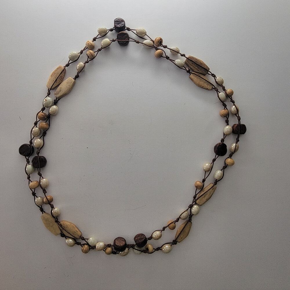 Vintage 1970s Natural Wood and Bead Necklace Boho Earth Tone Retro Jewelry Style